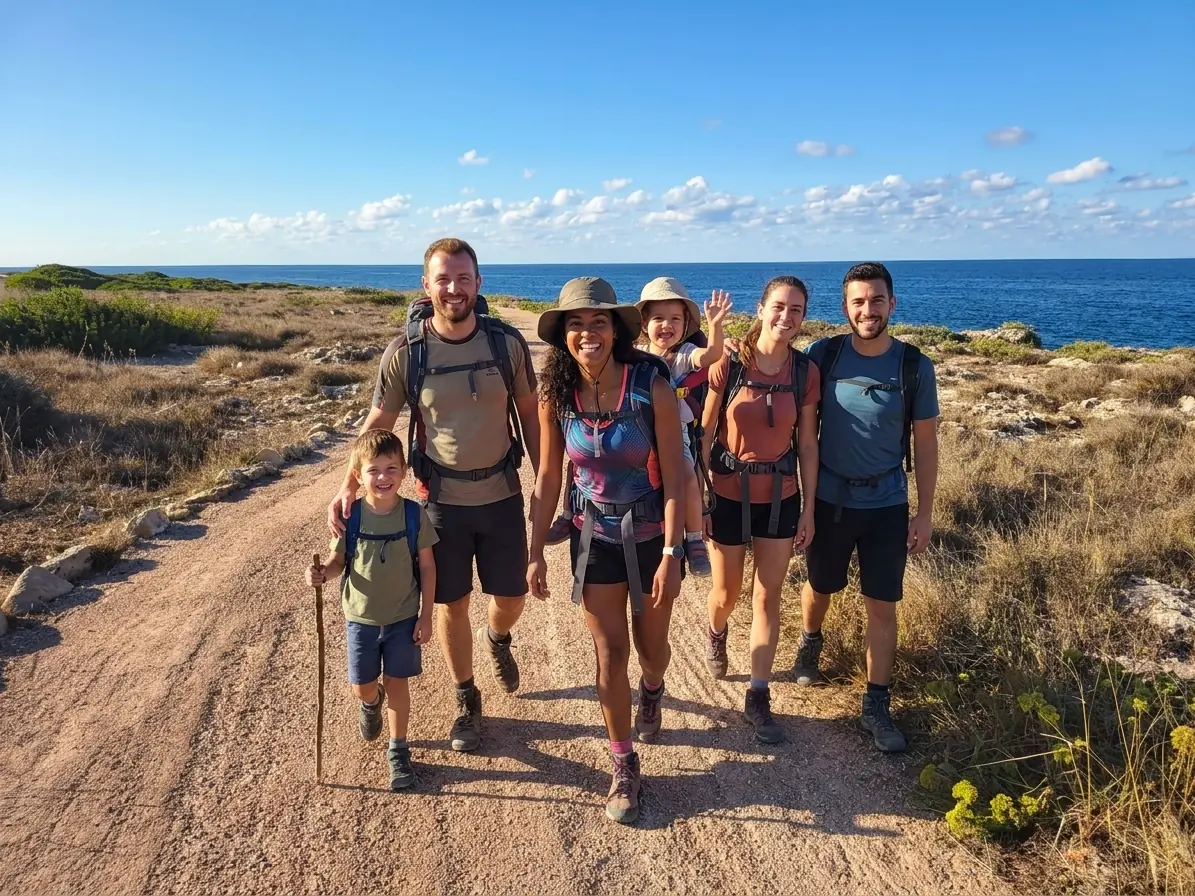 Famiglia a passeggio sul sentiero costiero di Capilungo, con il mare sullo sfondo